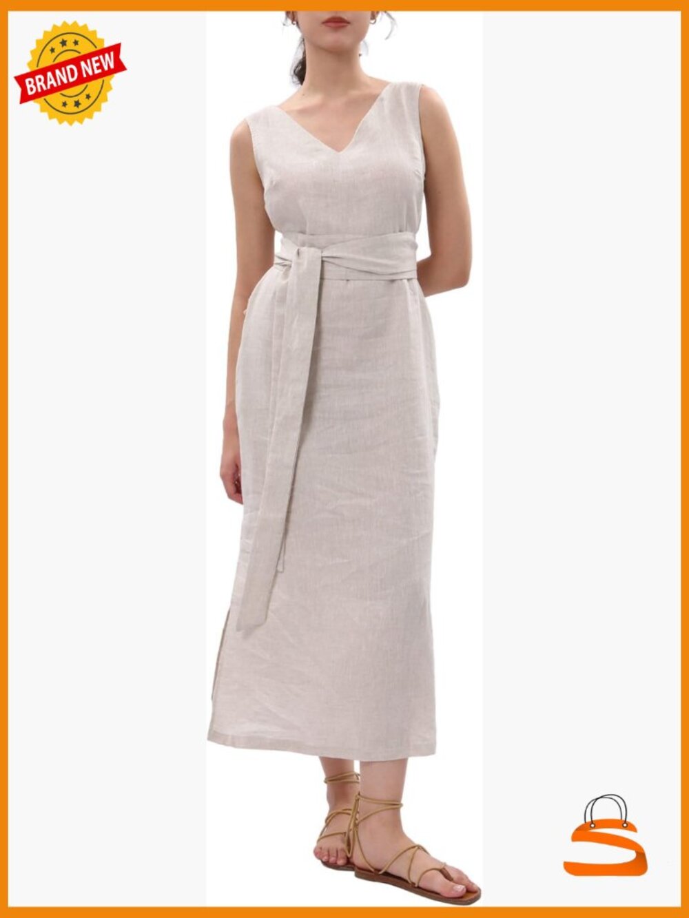 Linen Sleeveless V-Neck Midi Dress with Pockets - Summer